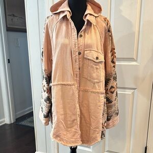 Hooded Denim Jacket with Aztec-Print Sleeves in Dusty Pink